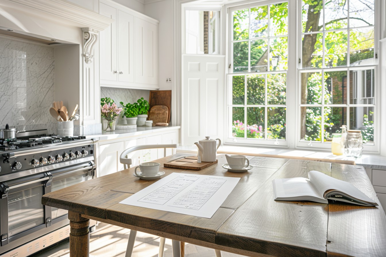 A4 sheet of paper with a handwritten checklist, placed neatly on a polished kitchen table in an upscale London home