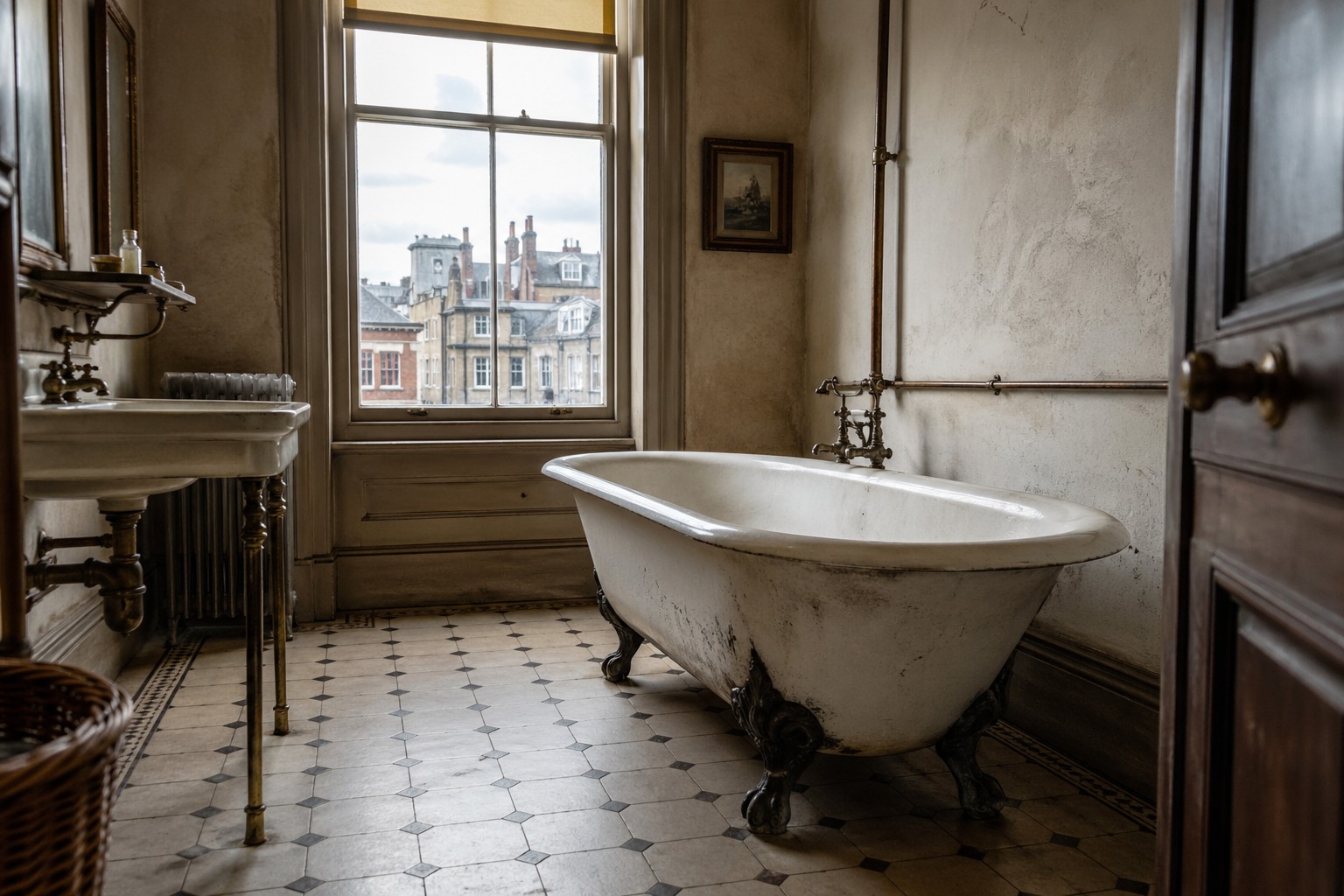 reestanding cast iron bathtub with clawfoot legs, aged porcelain surface